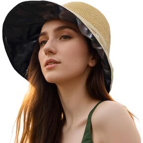 361° UPF 50+ Wide Brim Sun Hat for Women Straw Beach Hats with Bow Travel Adjustable Packable UV Protection Lightweight