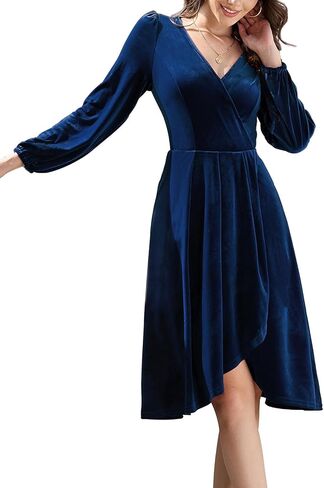 Meetjen Women's V Neck Velvet Formal Long Sleeve Dress Flowy Fall High Low Elegant 2024 Midi Winter Cocktail Party Dress in Kuwait