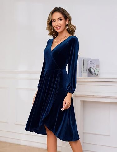 Meetjen Women's V Neck Velvet Formal Long Sleeve Dress Flowy Fall High Low Elegant 2024 Midi Winter Cocktail Party Dress in Kuwait