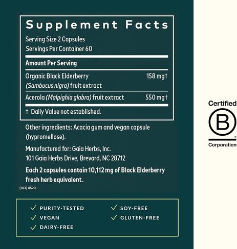Gaia Herbs Black Elderberry - Daily Immune Support Supplement to Help Maintain Well-Being - with Black Elderberries and Acerola Fruit for Antioxidant Support - 60 Vegan Capsules (30-Day Supply) in Kuwait