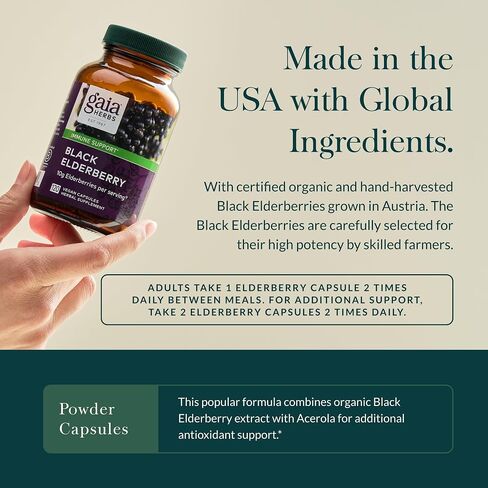 Gaia Herbs Black Elderberry - Daily Immune Support Supplement to Help Maintain Well-Being - with Black Elderberries and Acerola Fruit for Antioxidant Support - 60 Vegan Capsules (30-Day Supply) in Kuwait