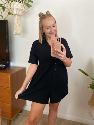DEEP SELF Women's Summer Casual Short Sleeve Button Down Shorts Rompers V Neck Collared Jumpsuit for Women with Pockets in Saudi Arabia