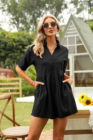 DEEP SELF Women's Summer Casual Short Sleeve Button Down Shorts Rompers V Neck Collared Jumpsuit for Women with Pockets in Saudi Arabia