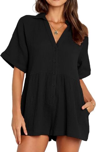 DEEP SELF Women's Summer Casual Short Sleeve Button Down Shorts Rompers V Neck Collared Jumpsuit for Women with Pockets in Saudi Arabia
