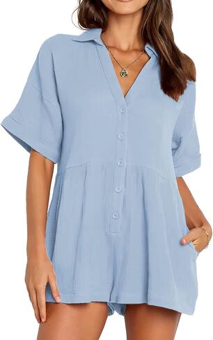DEEP SELF Women's Summer Casual Short Sleeve Button Down Shorts Rompers V Neck Collared Jumpsuit for Women with Pockets in Saudi Arabia