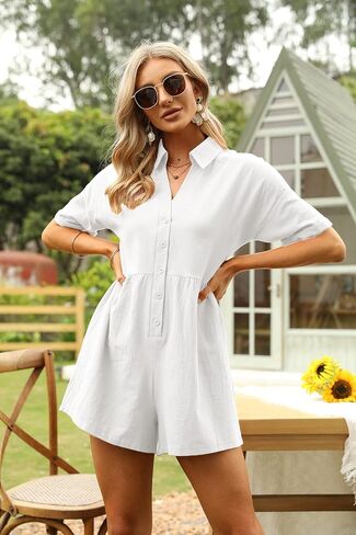 DEEP SELF Women's Summer Casual Short Sleeve Button Down Shorts Rompers V Neck Collared Jumpsuit for Women with Pockets in Kuwait