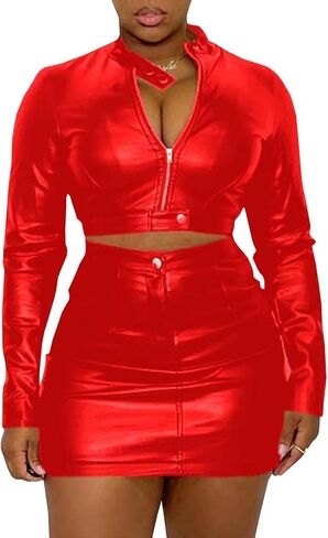 sexyshine المرأة 2 قطعة فو الجلود وتتسابق كم طويل سستة حتى مشبك المحاصيل سترة Bodycon بولي تنورة تنورة مجموعة كلوبوير in Kuwait
