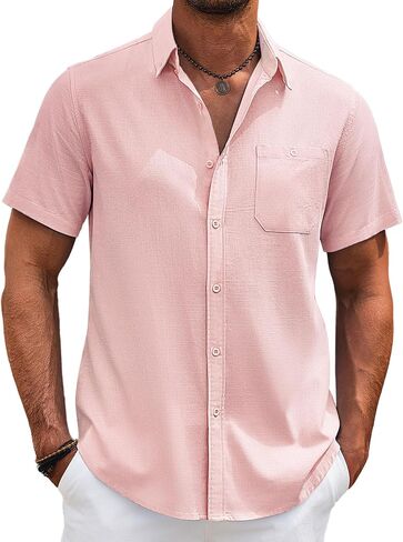 COOFANDY Mens Cotton Linen Shirts Casual Beach Shirts Short Sleeve Button Down Shirts Summer Vacation Shirts in Saudi Arabia