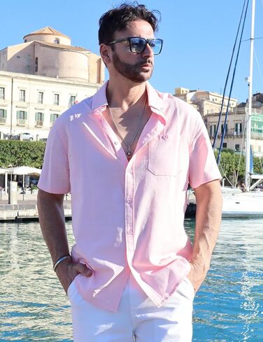 COOFANDY Mens Cotton Linen Shirts Casual Beach Shirts Short Sleeve Button Down Shirts Summer Vacation Shirts in Saudi Arabia