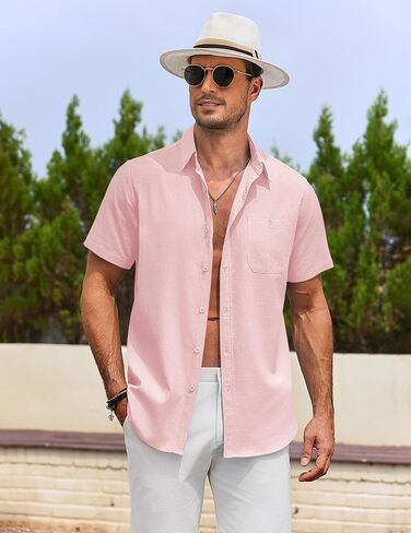 COOFANDY Mens Cotton Linen Shirts Casual Beach Shirts Short Sleeve Button Down Shirts Summer Vacation Shirts in Saudi Arabia