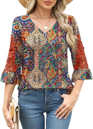 Rapbin 3/4 Length Sleeve Womens Tops Summer Lace Ruffles Sleeve T Shirts V-Neck Dressy Casual Trendy Tunic Blouses in Kuwait