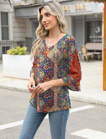 Rapbin 3/4 Length Sleeve Womens Tops Summer Lace Ruffles Sleeve T Shirts V-Neck Dressy Casual Trendy Tunic Blouses in Kuwait