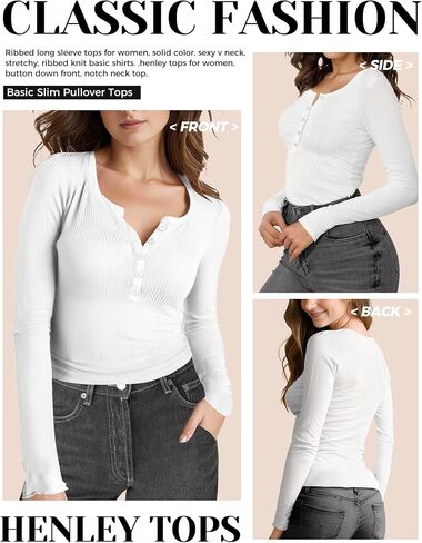 Long Sleeve Shirts for Women, Casual Solid Henley Tops Button Down Shirts, V Neck Blouses Basic Ribbed Knit Shirts for Party in Saudi Arabia