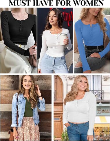 Long Sleeve Shirts for Women, Casual Solid Henley Tops Button Down Shirts, V Neck Blouses Basic Ribbed Knit Shirts for Party in Saudi Arabia