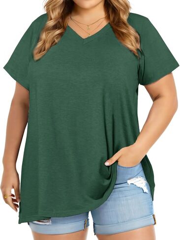 JOELLYUS Plus Size Tops for Women Summer Top Loose Fit Tee Shirts V Neck Short Sleeve Blouse in Saudi Arabia