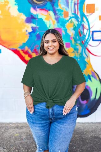 JOELLYUS Plus Size Tops for Women Summer Top Loose Fit Tee Shirts V Neck Short Sleeve Blouse in Saudi Arabia