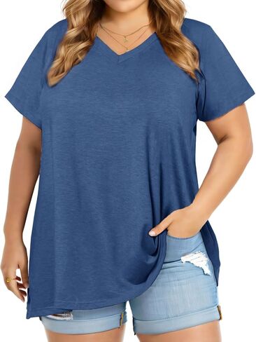 JOELLYUS Plus Size Tops for Women Summer Top Loose Fit Tee Shirts V Neck Short Sleeve Blouse in Saudi Arabia