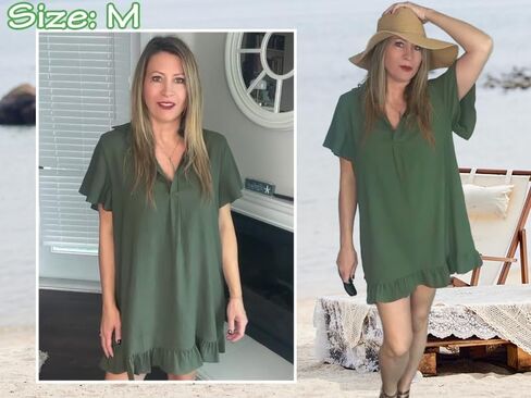 AI'MAGE Womens Swimsuit Coverup Short Sleeve Beach Bathing Suit Cover Up Swimwear Flowy Ruffle Bikini Dress Shirt in Kuwait