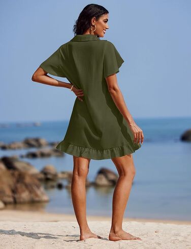 AI'MAGE Womens Swimsuit Coverup Short Sleeve Beach Bathing Suit Cover Up Swimwear Flowy Ruffle Bikini Dress Shirt in Kuwait