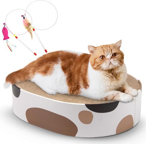 Cat Scratcher Cardboard Bed Oval Corrugated Design with Two Recycle Board for Furniture Protection, Cat Scratching Lounge Bed, Cat Scratcher Bowl & Interactive Kitty Training Toy - Milky in Saudi Arabia