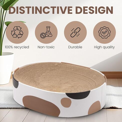 Cat Scratcher Cardboard Bed Oval Corrugated Design with Two Recycle Board for Furniture Protection, Cat Scratching Lounge Bed, Cat Scratcher Bowl & Interactive Kitty Training Toy - Milky in Saudi Arabia