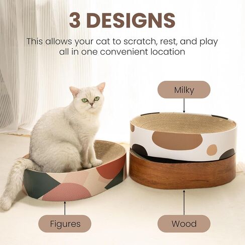 Cat Scratcher Cardboard Bed Oval Corrugated Design with Two Recycle Board for Furniture Protection, Cat Scratching Lounge Bed, Cat Scratcher Bowl & Interactive Kitty Training Toy - Milky in Saudi Arabia