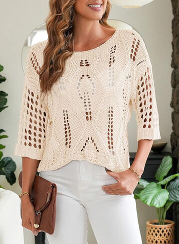 EVALESS Womens Crochet Hollow Out Knit Tops Half Sleeve Spring Summer Sweaters Beach Cover Ups for Women Trendy 2025 in Kuwait