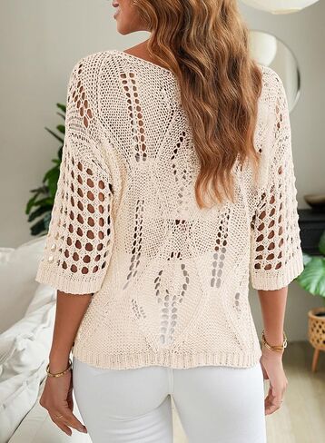 EVALESS Womens Crochet Hollow Out Knit Tops Half Sleeve Spring Summer Sweaters Beach Cover Ups for Women Trendy 2025 in Kuwait