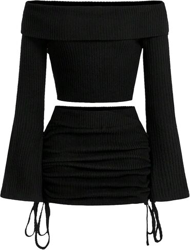 Floerns Women's 2 Piece Outfit Off Shoulder Rib Knit T Shirts with Mini Skirt Set in Saudi Arabia