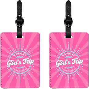 2 Pcs Girl’s Trip Luggage Tags – “Warning Girl’s Trip in Progress" PU Leather Bag Tags – Durable Travel Accessories for Suitcases, Backpacks & Gym Bags – Cute ID Tags for Women & Teens (Pink)