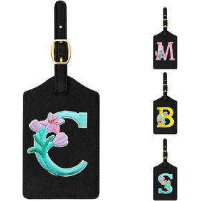 Personalized Initial Luggage Tag for Suitcase,Cute Embroidered Letter Leather Bag Tags Identifiers Privacy Cover ID Label for Women Men Kids Girls Cruise Airport Travel, 1 Pack White A