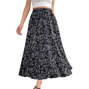 Women's Flowy Elastic High Waist Skirts Trendy Summer 2025 Boho Casual Beach Holiday Floral Print A Line Midi Skirt 802