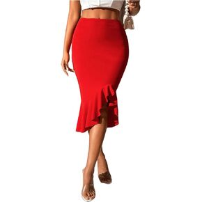 WDIRARA Women's Ruffle Fishtail Bodycon Skirt High Waisted Asymmetrical Hem Midi Skirts