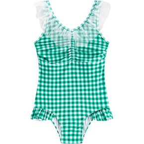 LIZENS Girls One Piece Swimwear Cute Lace Ruffle Checkered Bathing Suit for Kids