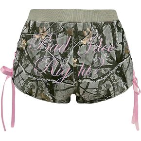 Women's Lace Up Y2K Camo Shorts Letter Embroidered Low Rise Mini Shorts