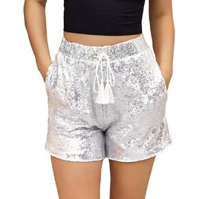 Women's Sequins Shorts Elastic Waist Sparkly Straight Leg Shorts Glitter Party Shorts Hot Pants Party Black