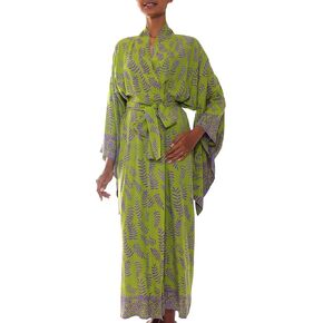 NOVICA Artisan Handmade Rayon Robe Balinese Green Purple Fern Leaf Kimono Style Clothing Greenery Patterned Indonesia Tree ' Tropical Fern Forest'