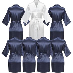 7 Pieces Women Silky Robe Satin Kimono Wedding Shower Bride Bridesmaid Bathrobe Spa Party Sleepwear