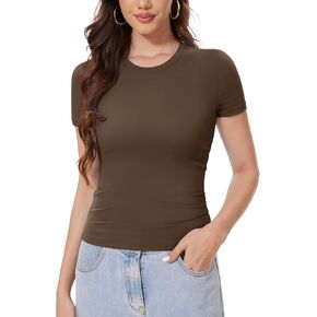 YUCOLEN Womens Basic T Shirts Crew Neck Short Sleeve Double Lined Crop Slim Fit Tees Tops