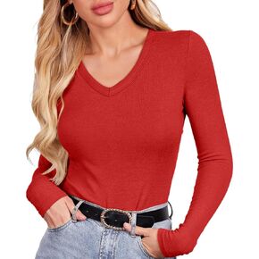 Women Long Sleeve Shirts V Neck Casual Ribbed Slim Fitted Basci T-Shirt Going Out Tops Fall Fashion 2024