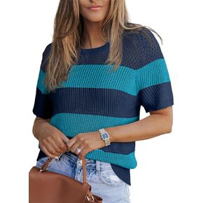 Dokotoo Womens Summer Tops Casual Short Sleeve Crewneck Striped Color Block Knit T Shirts Trendy Pullover Sweaters Blouses