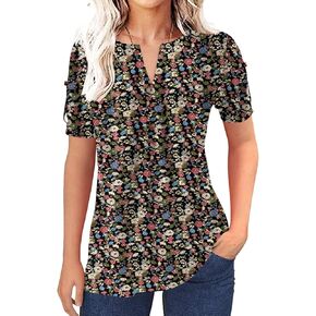 Women's Zipper Summer Pleated Button Short Sleeve T-Shirt Summer V-Neck Solid Color Casual top