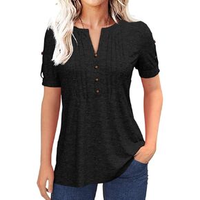 تي شيرت نسائي صيفي بسحاب مطوي وأزرار وأكمام قصيرة تي شيرت صيفي برقبة على شكل حرف V بلون سادة كاجوال in Kuwait