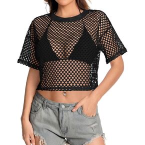 Women's Mesh Top Fishnet T Shirt Sheer Loose Short Sleeve See Through Crop Tops