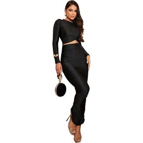 acelyn Skirt Sets Women 2 Piece Outfits Dresses Long Sleeve Shirts Crop Tops Bodycon Ruched Long Maxi Pencil Skirts