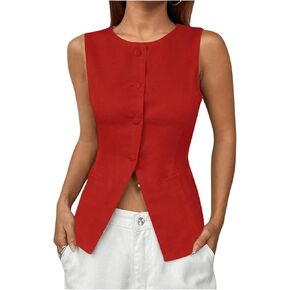 MakeMeChic Women's Vest Top Sleeveless Blazer Split Hem Button Down Dressy Suit Vest Outerwear Waistcoat