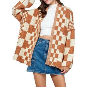 Giraropa Women Checkered Cardigan 2024 Long Sleeve Open Front Loose Knit Sweater Oversized Lightweight Cardigans Outwear