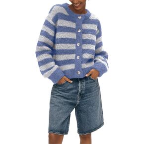 UANEO Women's Striped Cardigan Sweaters Trendy Boucle Button Down Long Sleeve Tops Crewneck Casual Knit Jackets