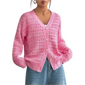 Verdusa Women's Button Down Cardigan Sweater V Neck Textured Rib Knitted Outwear