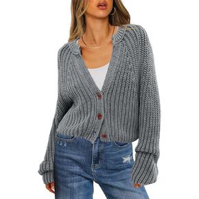 ReachMe Womens Chunky Cable Knit Cardigan Sweaters Long Sleeve Open Front Cropped Cardigan V Neck Button Outerwear